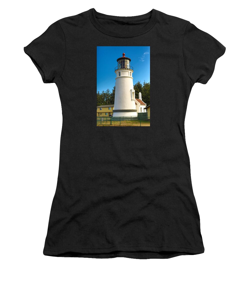 Lighthouse Oregon Winchester Bay Coast Historic Women's T-Shirt featuring the tapestry - textile Umpqua River Lighthouse by Dennis Bucklin