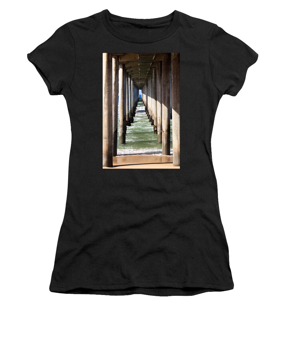 America Women's T-Shirt featuring the photograph Under the Pier in Orange County California by Paul Velgos