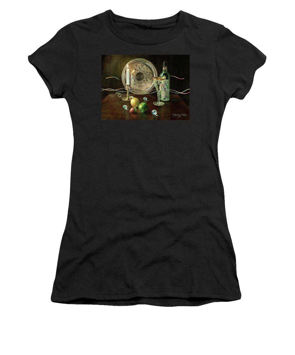 Art Women's T-Shirt featuring the painting Vanitas Still Life by Candlelight with Les Bourgeois Wine by Carolyn Coffey Wallace