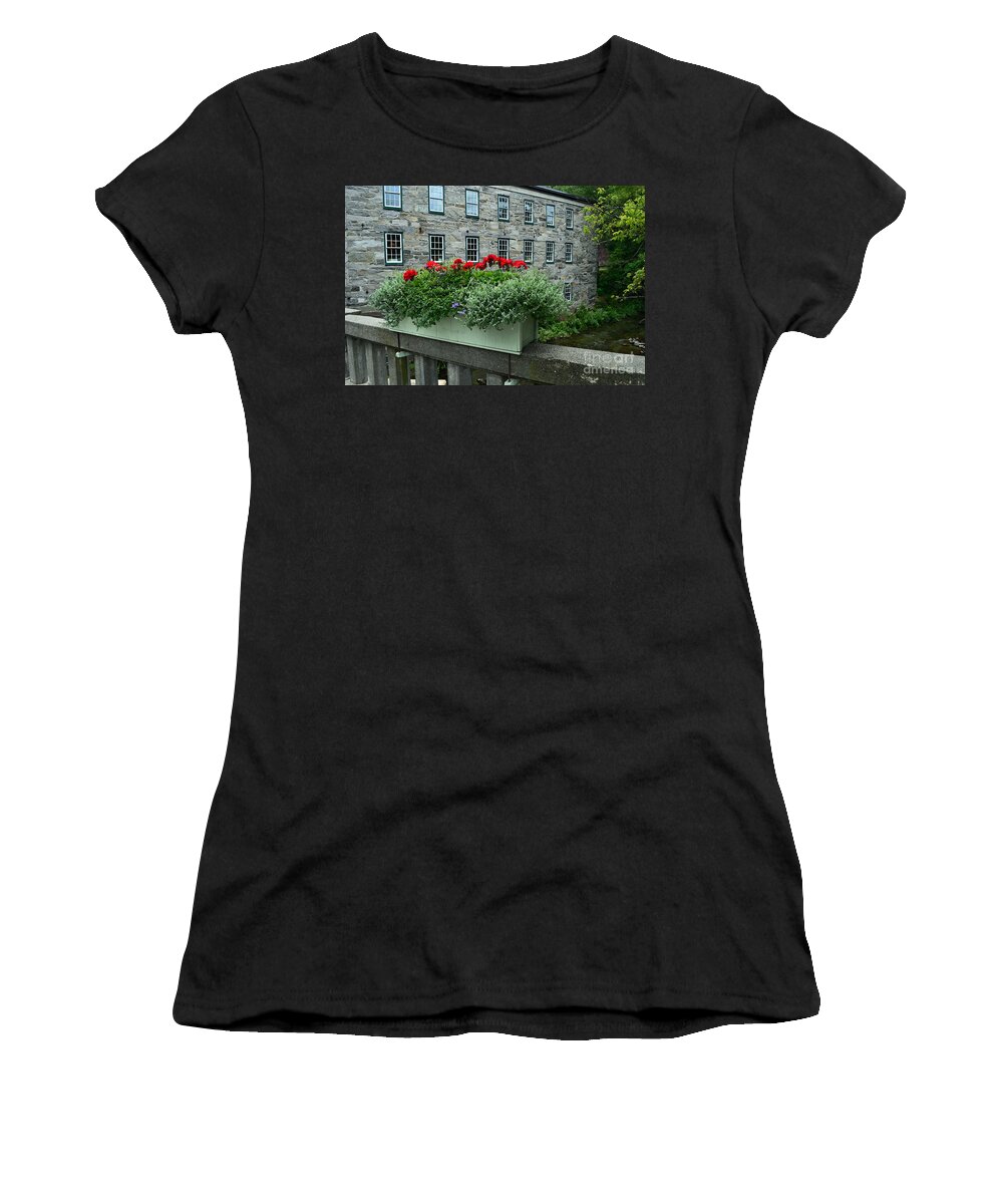 Woodstock Women's T-Shirt featuring the photograph Vermont Bridge Flower Box by Catherine Sherman