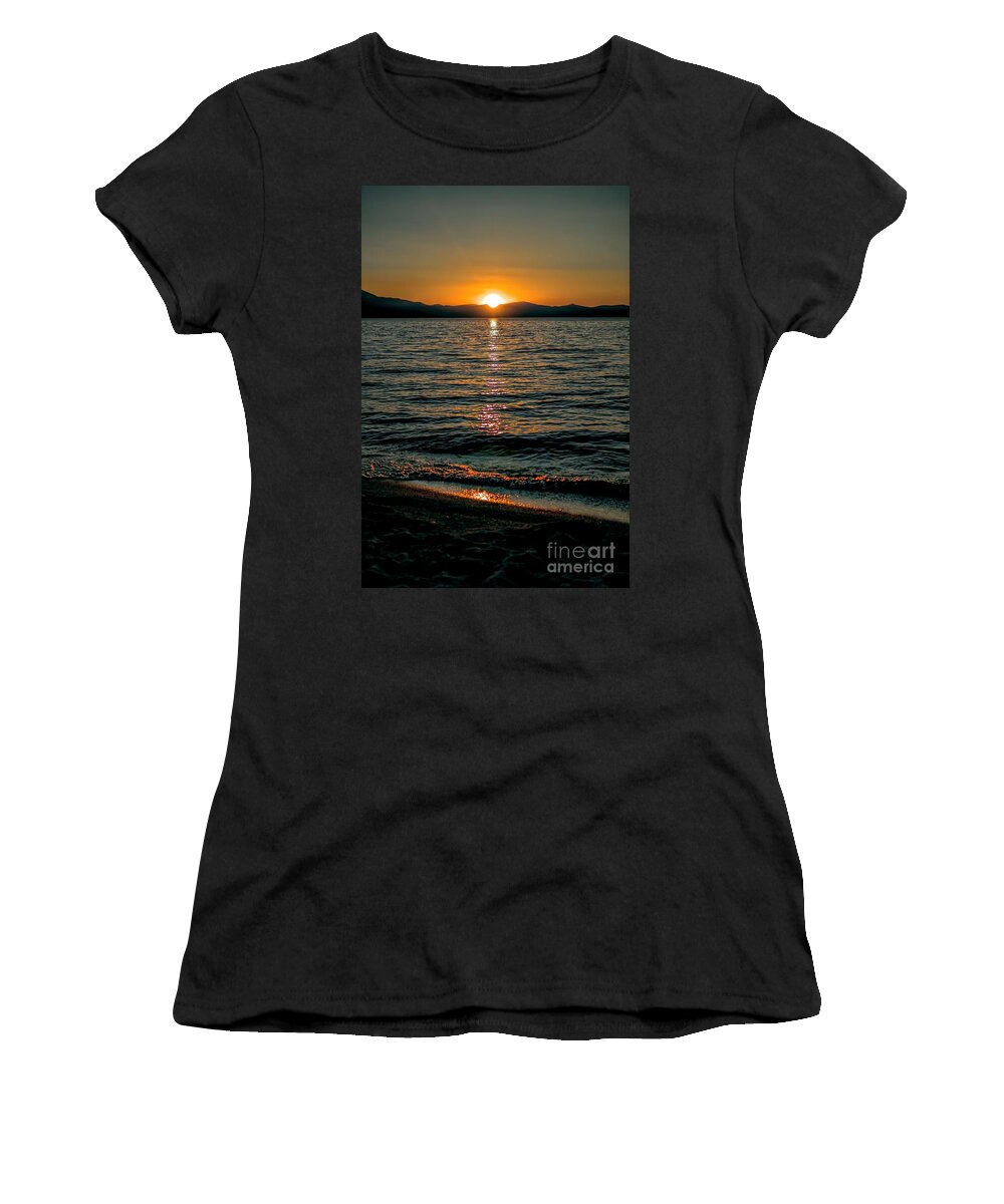 Sunset; Waves; Lake; Orange; Yellow; Blue; Mountains; Alpine; Boats; Reflection; Joe Lach Women's T-Shirt featuring the photograph Vertical Sunset Lake by Joe Lach