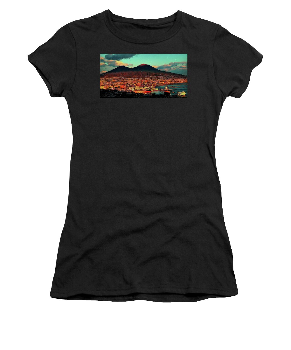 Gulf Of Naples Women's T-Shirt featuring the painting Vesuvio, panorama from Naples - 01 by AM FineArtPrints