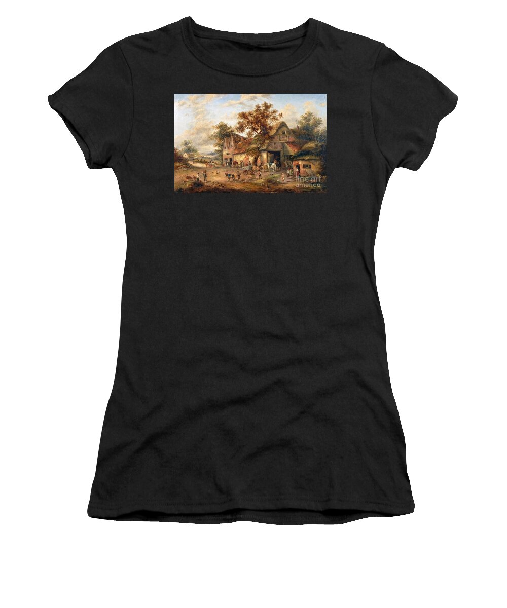 Edward Masters - Village Scene With Figures Before A Stable Women's T-Shirt featuring the painting Village Scene with figure by MotionAge Designs