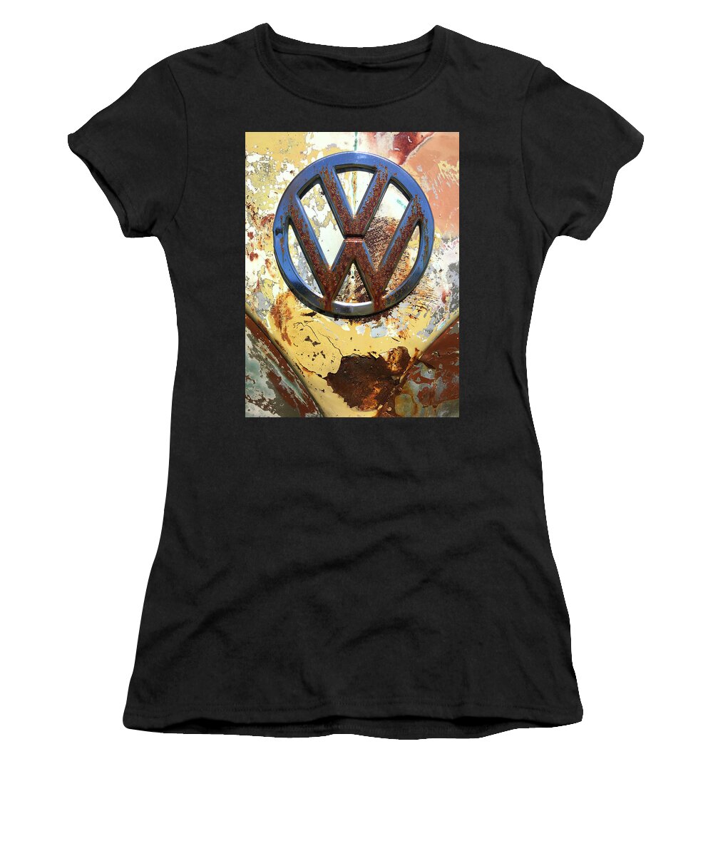 Kelly Hazel Women's T-Shirt featuring the photograph VW Volkswagen Emblem with Rust by Kelly Hazel