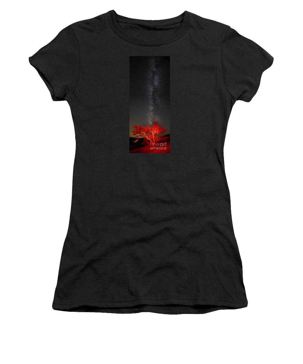 Enchanted Rock Women's T-Shirt featuring the photograph Watching in Awe as the Milky Way Rises Panorama - Enchanted Rock Fredericksburg Texas Hill Country by Silvio Ligutti