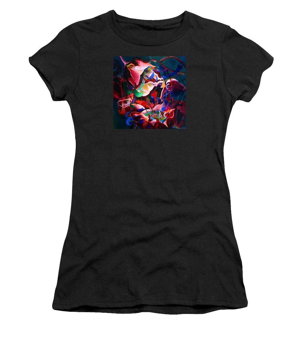 Abstract Experience Flowers Environment Triptych Poppies Seeds Molecules Petals Pollen Stems Proteins Women's T-Shirt featuring the painting Water avens, entanglement I by Georg Douglas