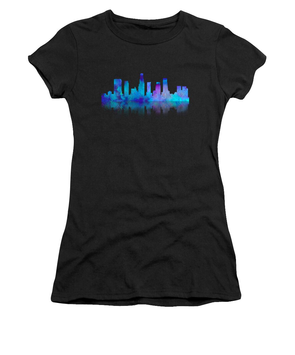Los Angeles Women's T-Shirt featuring the digital art Watercolor Los Angeles Skylines on an Old Paper by Georgeta Blanaru
