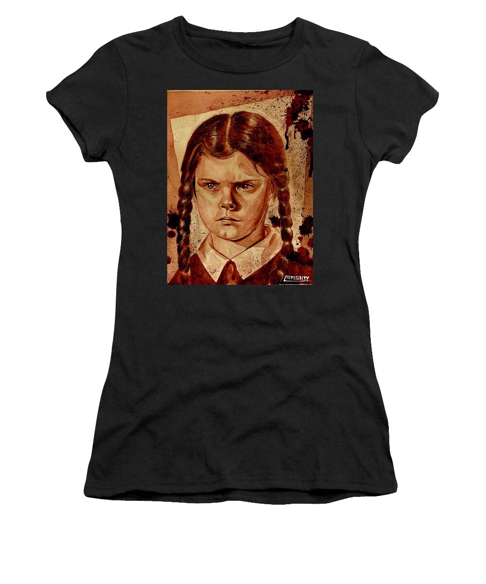Ryan Almighty Women's T-Shirt featuring the painting WEDNESDAY ADDAMS - dry blood by Ryan Almighty