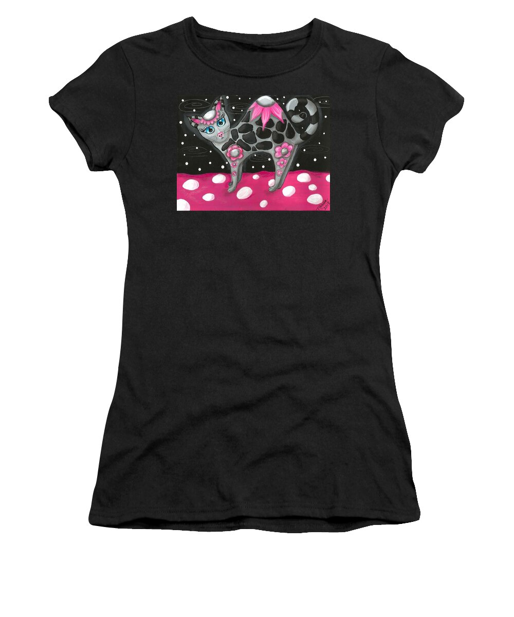 Pink Black Whimsical Kitty Cat Polka Dot Grey Blue Eyes Painting Colorful Vibrant Fun Women's T-Shirt featuring the painting Whimsical Black Pink Floral Kitty Cat by Monica Resinger