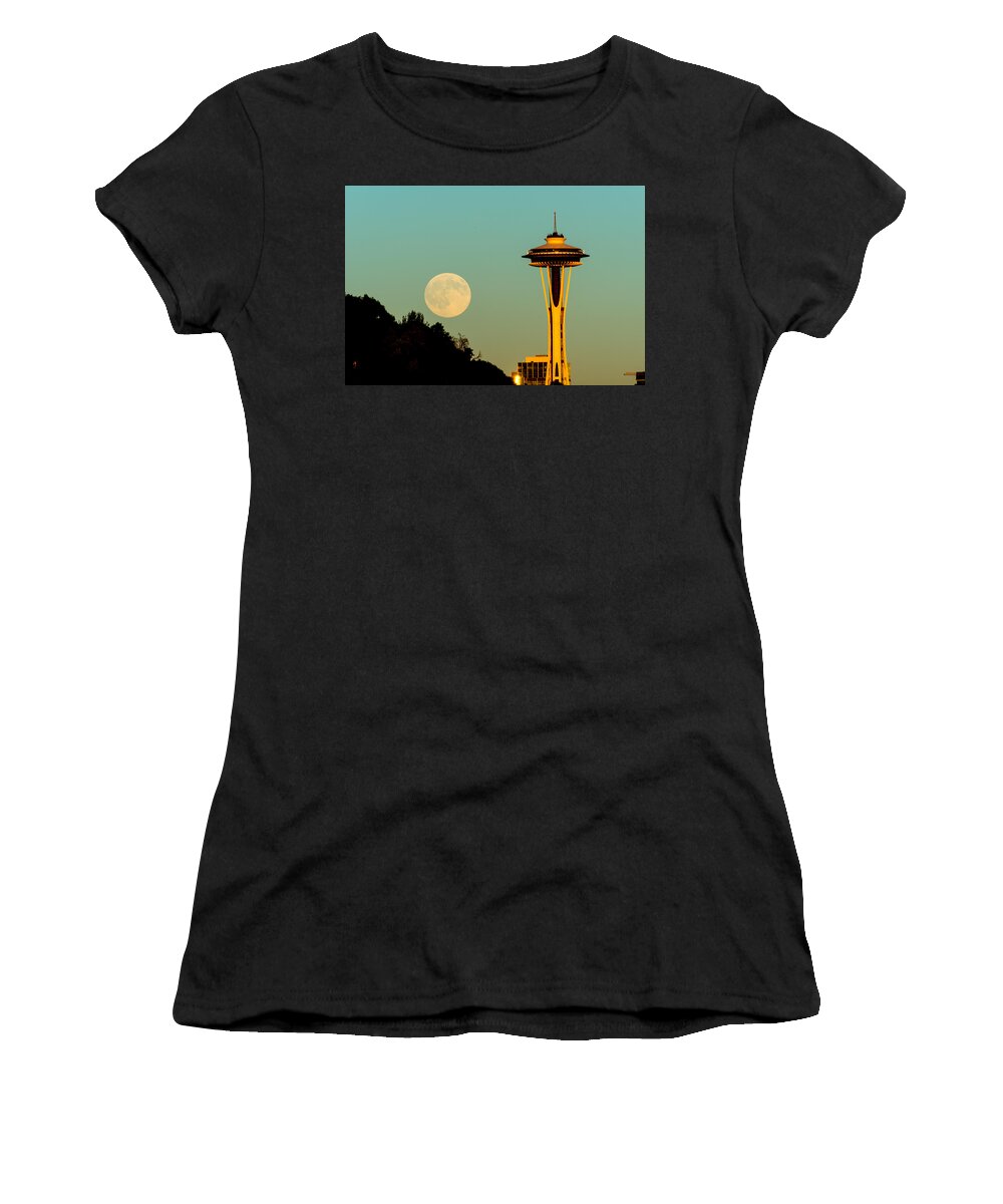 Landscape Women's T-Shirt featuring the photograph White Full moon with Space Needle by Hisao Mogi