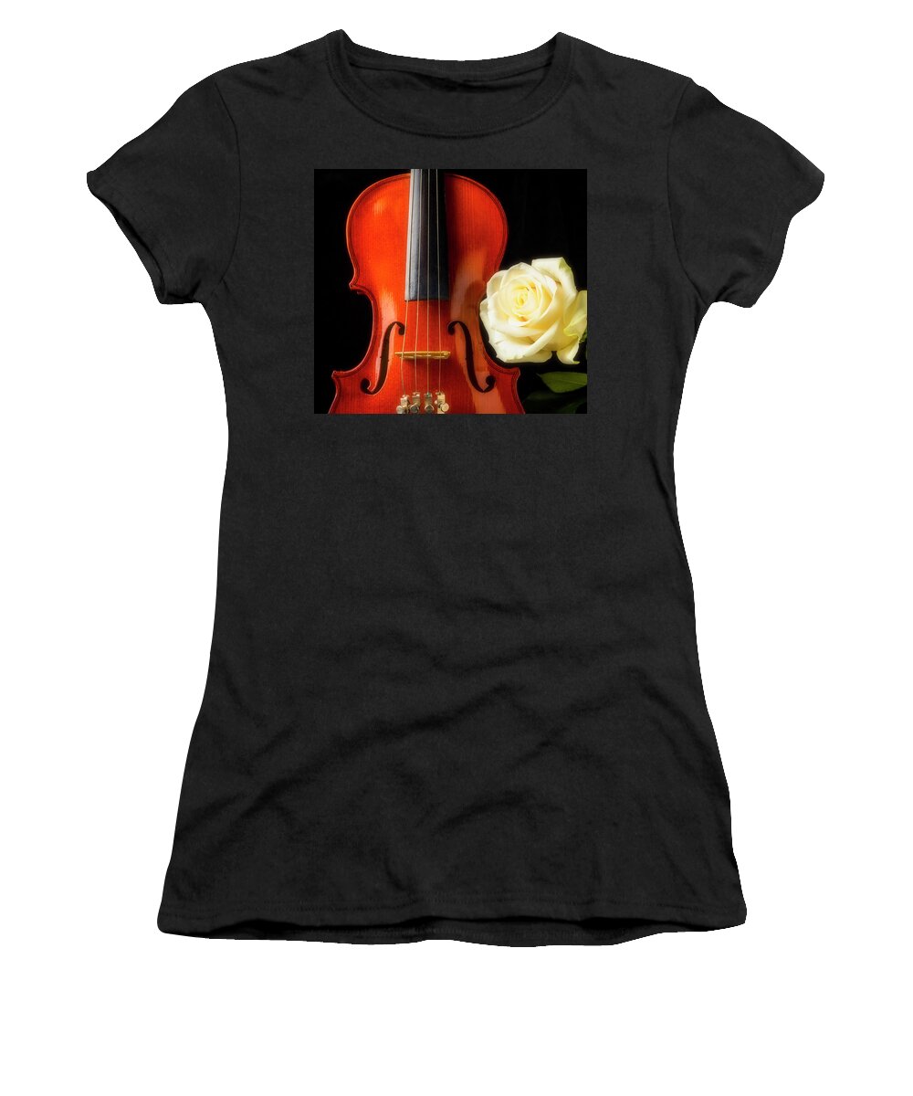 White Women's T-Shirt featuring the photograph White Rose And Violin by Garry Gay