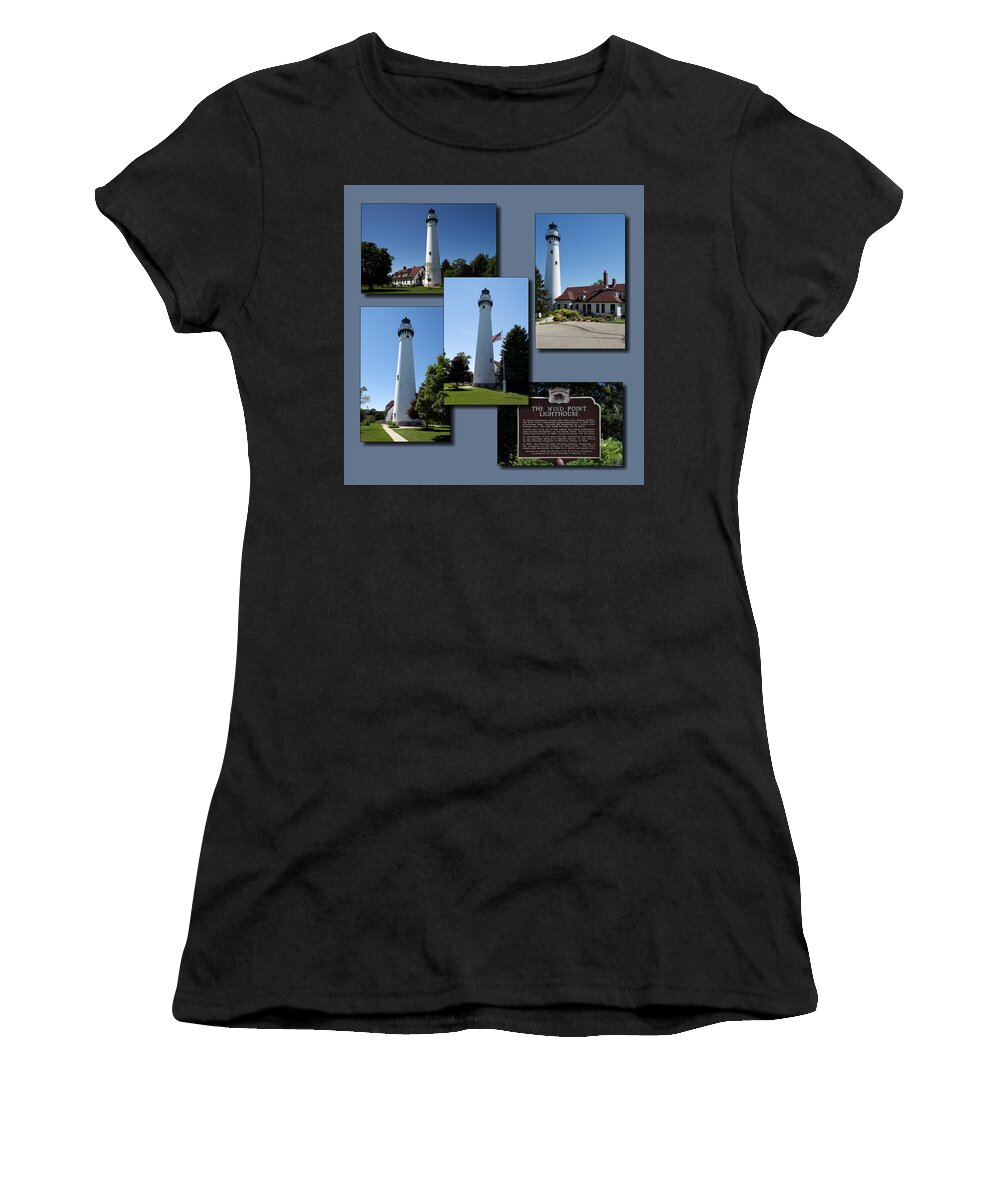 Lighthouse Women's T-Shirt featuring the photograph Wind Point LightHouse Racine Wisconsin Collage by Thomas Woolworth
