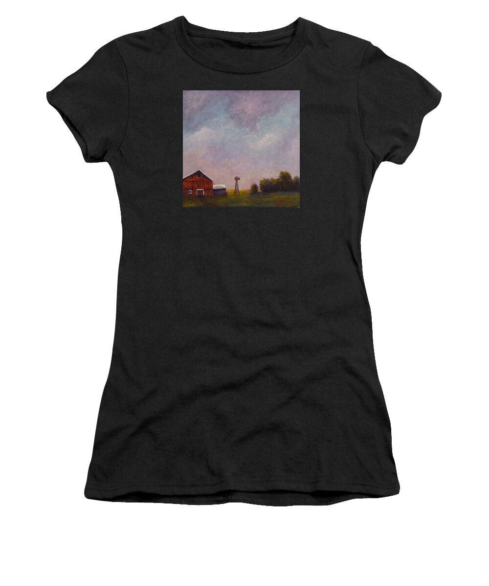 Farm Women's T-Shirt featuring the painting Windmill farm under a stormy sky. by Dan Wagner