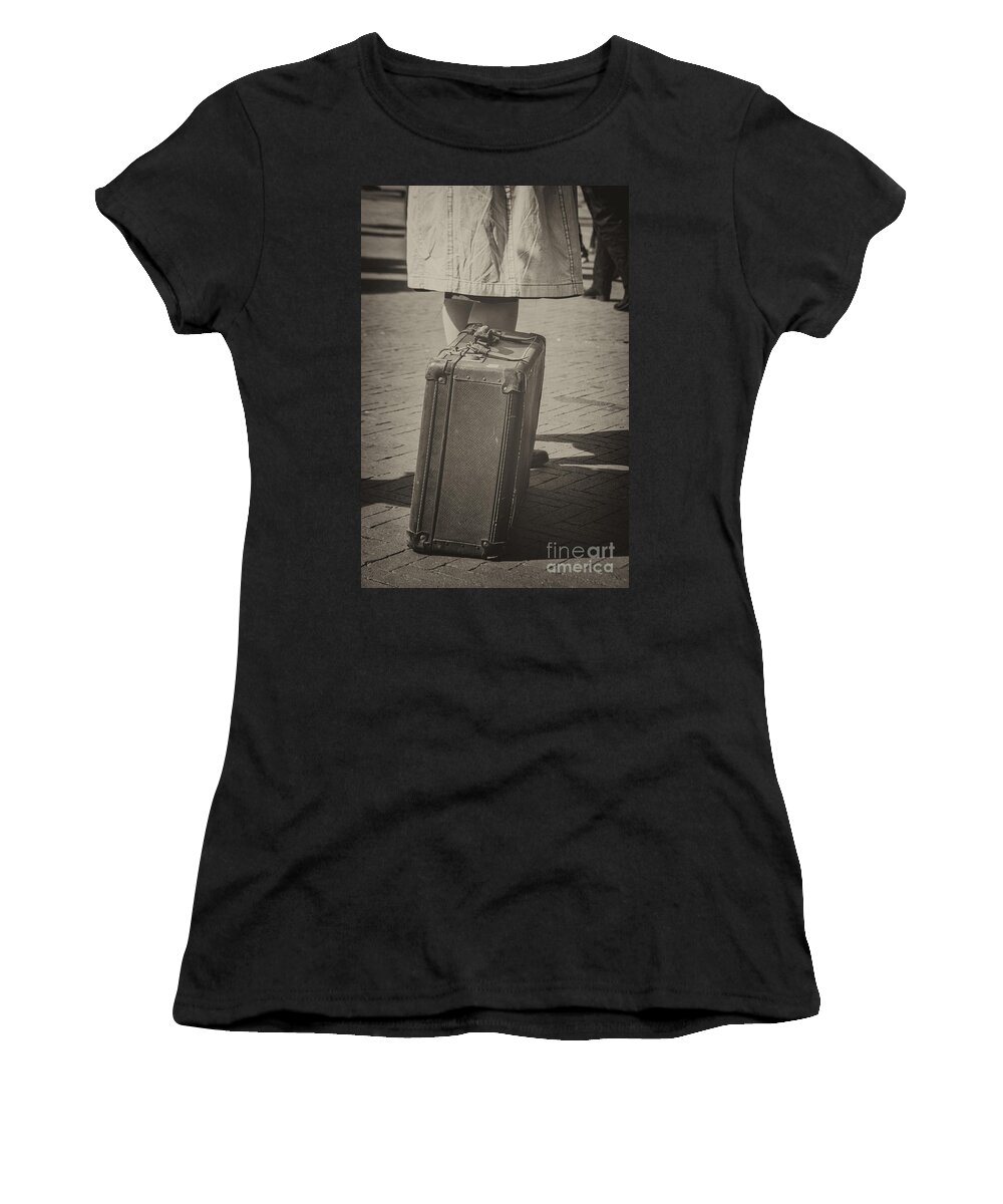 Woman Women's T-Shirt featuring the photograph Woman of the 1940's waiting with suitcase by Patricia Hofmeester
