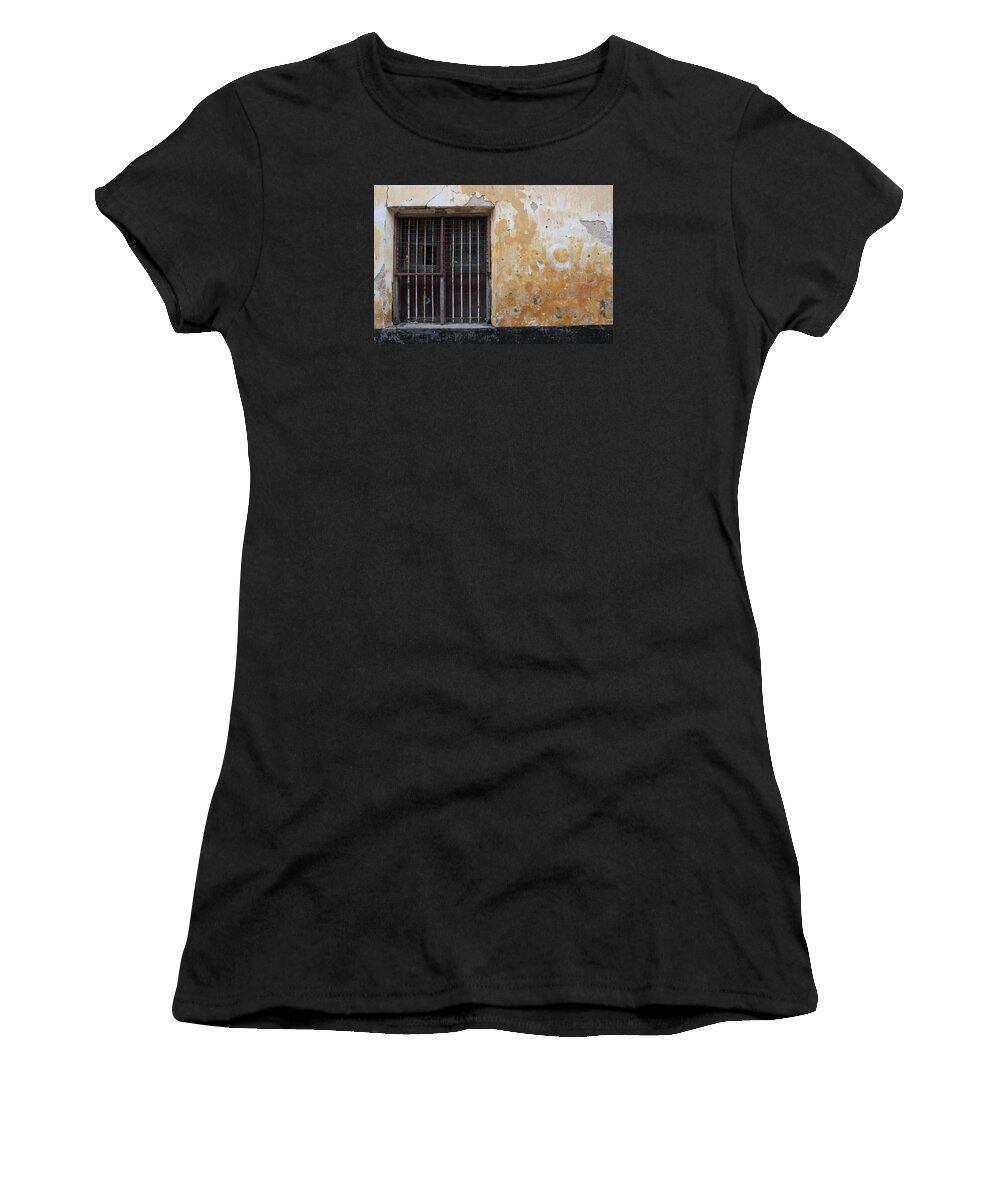 Wall Women's T-Shirt featuring the photograph Yellow Wall, Gated Door by Jennifer Mazzucco