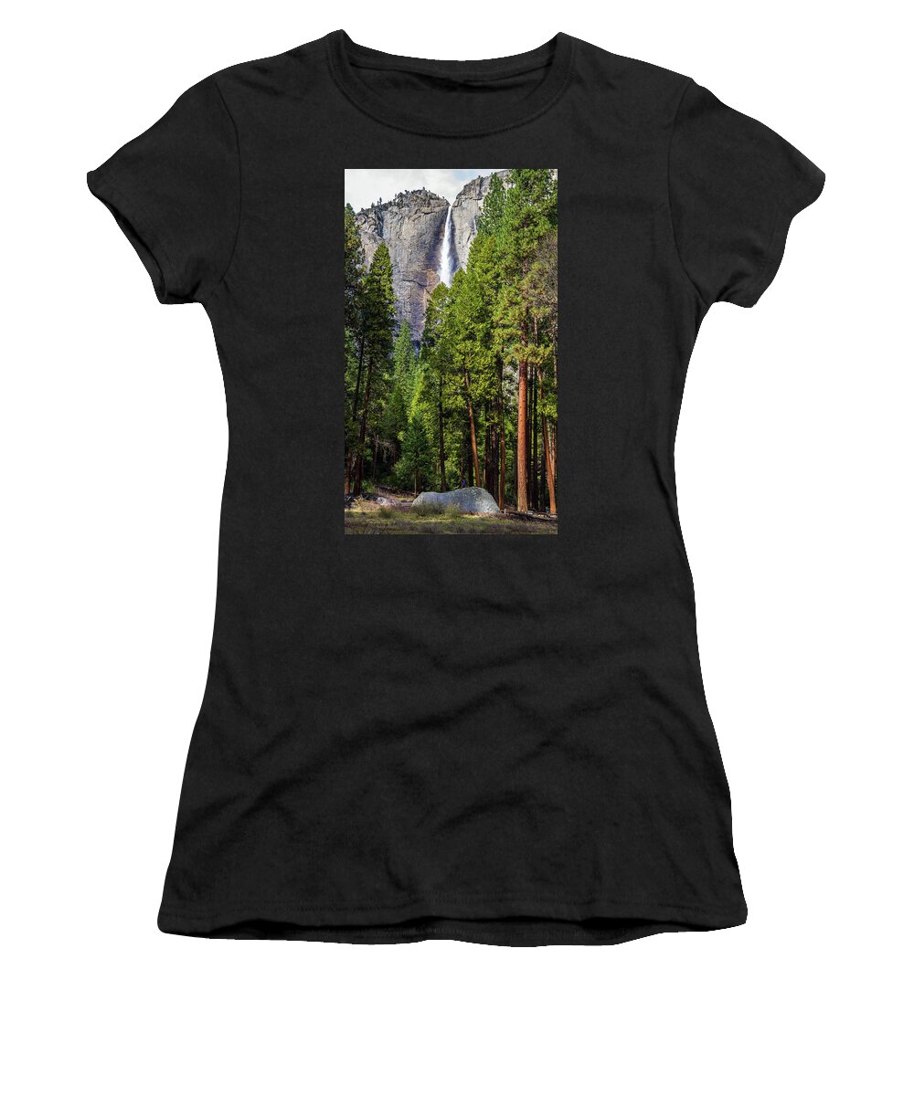 California Women's T-Shirt featuring the photograph Yosemite Falls with pine trees by Roslyn Wilkins