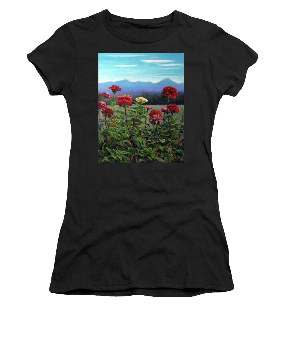 Flowers Women's T-Shirt featuring the painting Zinnias and the White Mountains by Marie Witte