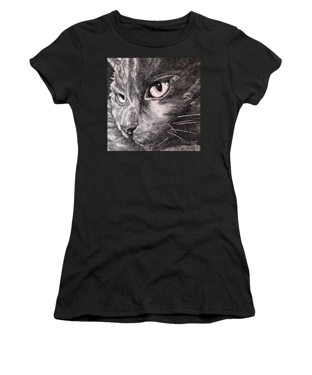 Stippling Women's T-Shirt featuring the drawing Kitty, Kitty by Jennefer Chaudhry