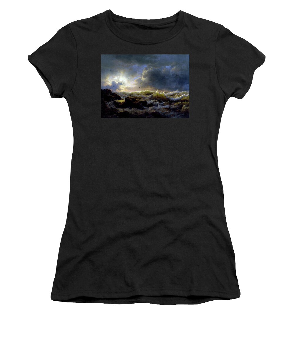 Clearing Up Women's T-Shirt featuring the painting Clearing Up, Coast of Sicily #1 by Andreas Achenbach
