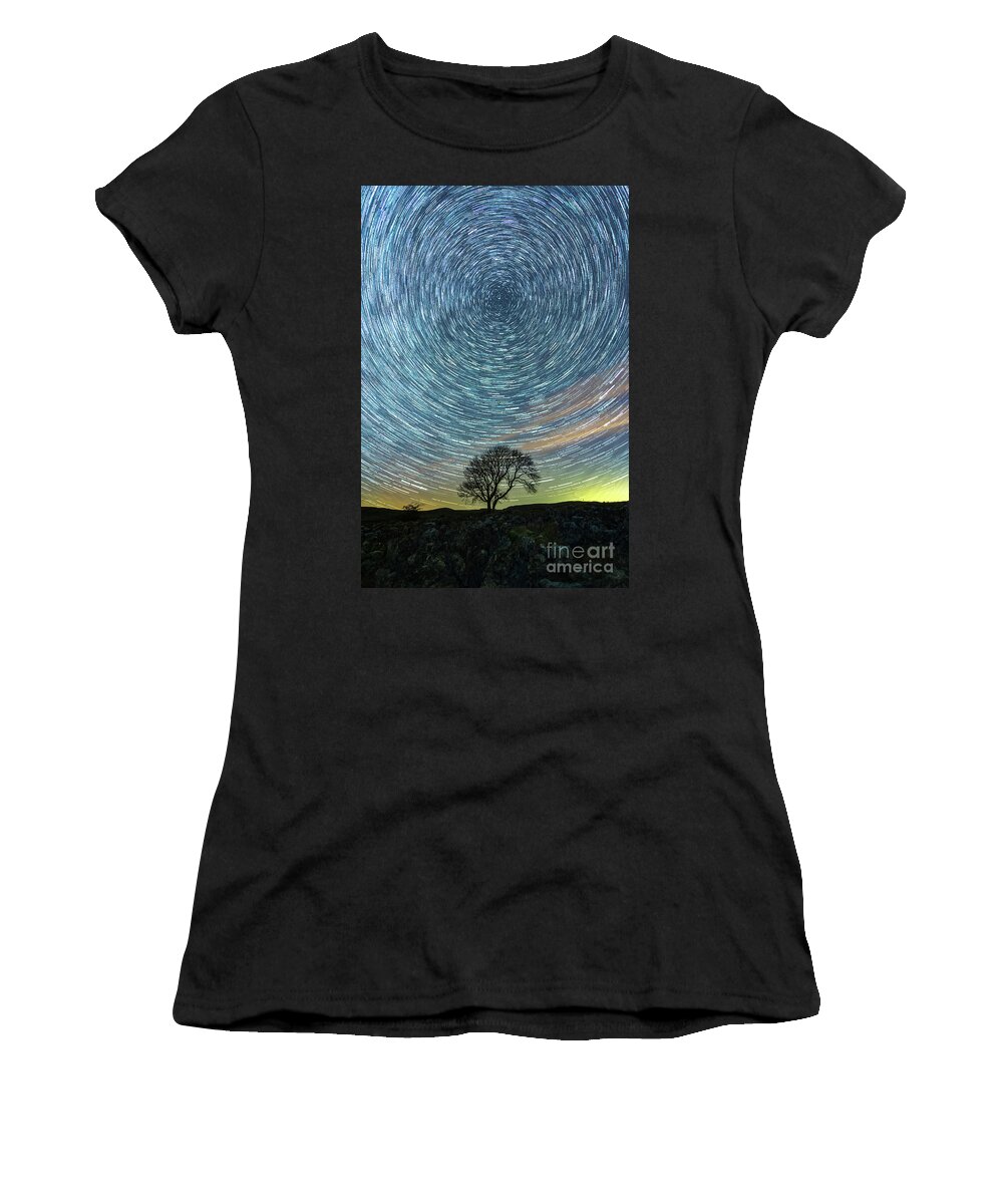 Gordale Scar Women's T-Shirt featuring the photograph Star trails at the lonely tree on the limestone pavement #1 by Mariusz Talarek