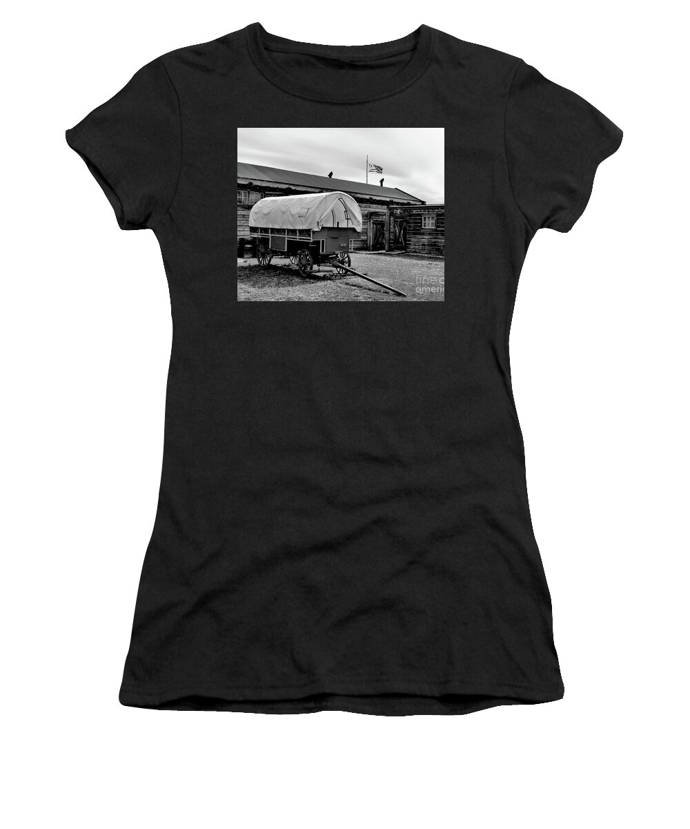 Wagon Women's T-Shirt featuring the photograph 1875 Fort Parking Lot - BW001 by Jor Cop Images