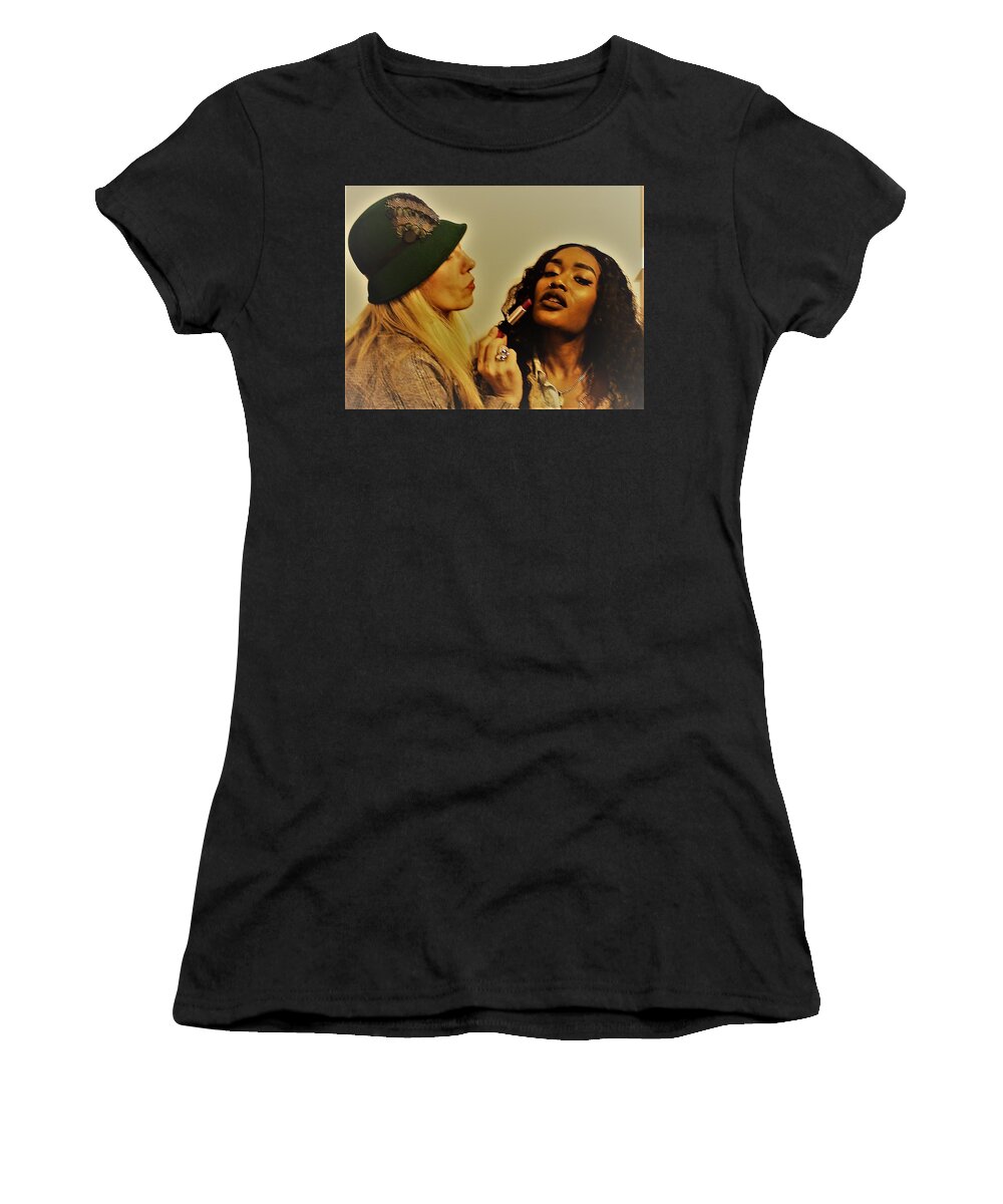 Woman Women's T-Shirt featuring the photograph 2 Women And One Lipstick by Yelena Tylkina