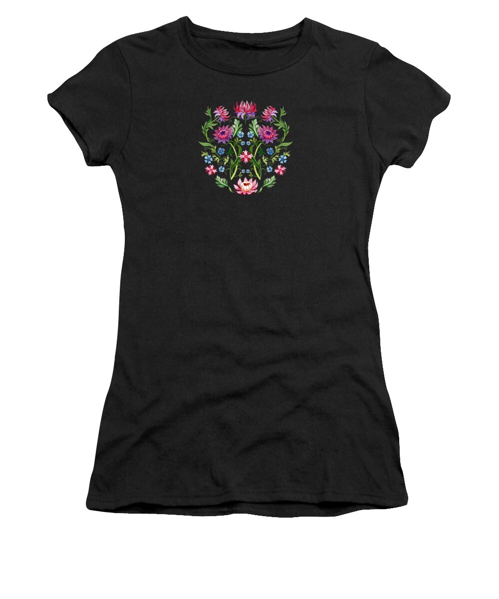 Flowers Women's T-Shirt featuring the painting A beautiful vision of an Italian Renaissance garden at midnight. Flowers engine with acanthus leaves by Little Bunny Sunshine