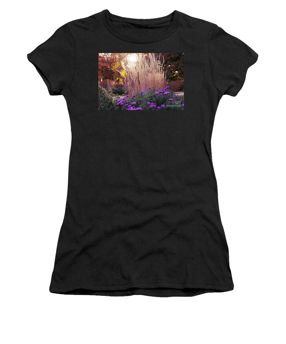 A Flower Bed In The Autumn Park By Marina Usmanskaya Women's T-Shirt featuring the photograph A flower bed in the autumn park by Marina Usmanskaya