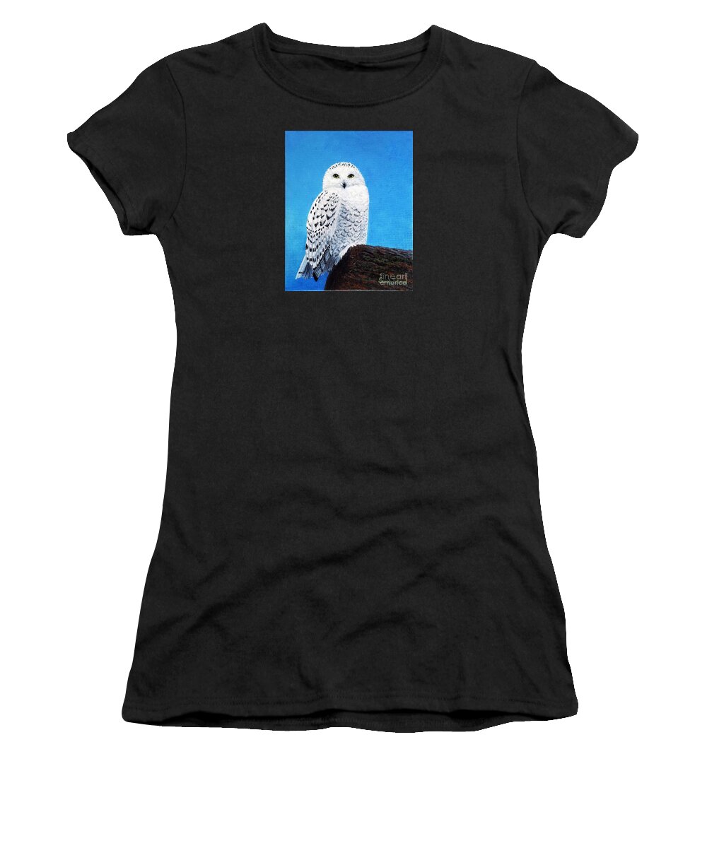 A Women's T-Shirt featuring the painting A Snowy Owl for Magnus by Sarah Irland