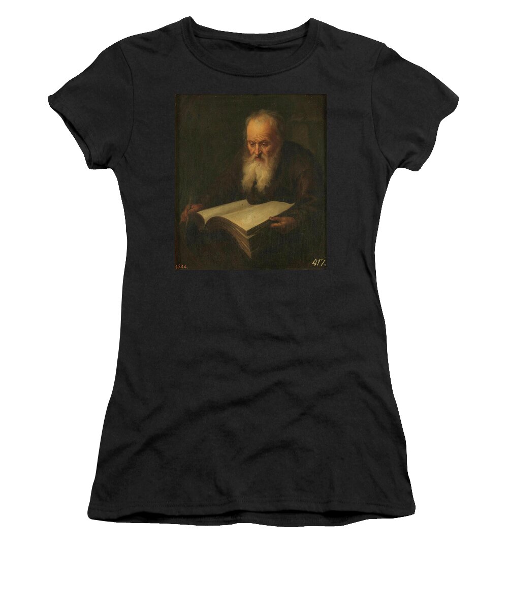 17th Century Women's T-Shirt featuring the painting 'Anciano con un libro', 17th century, Dutch School, Oil on pan... by Gerrit Dou -1613-1675-