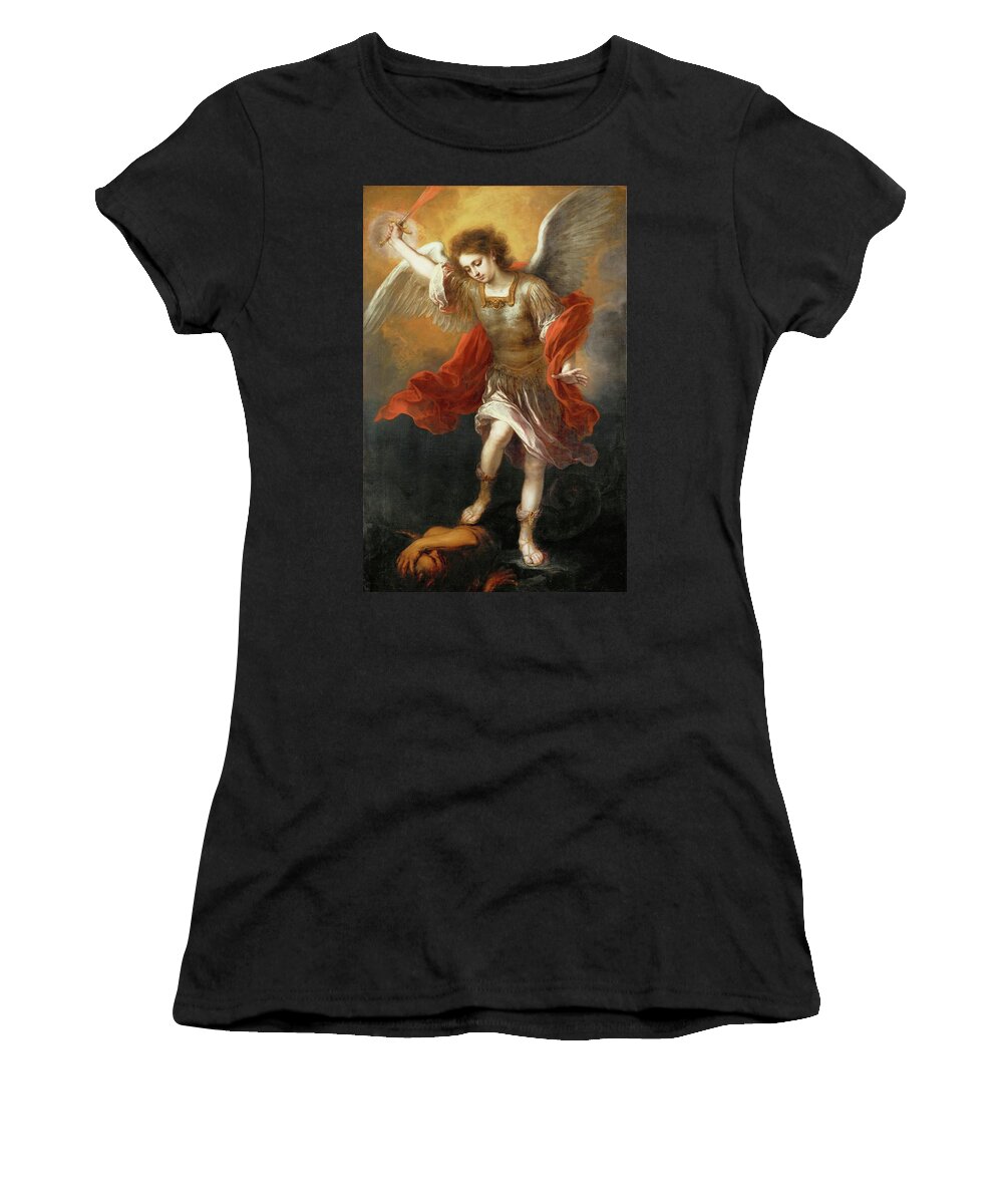 Archangel Michael Women's T-Shirt featuring the painting Archangel Michael hurls the devil into the abyss. Around 1665 / 68 Canvas, 169,5 x 110,3 cm. by Bartolome Esteban Murillo -1611-1682-