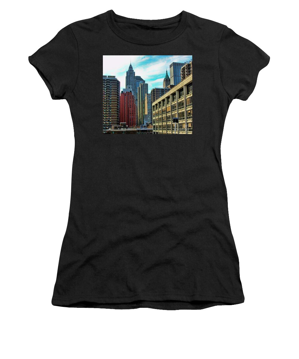 Ny Women's T-Shirt featuring the photograph Architecture NYC from Brooklyn Bridge by Chuck Kuhn