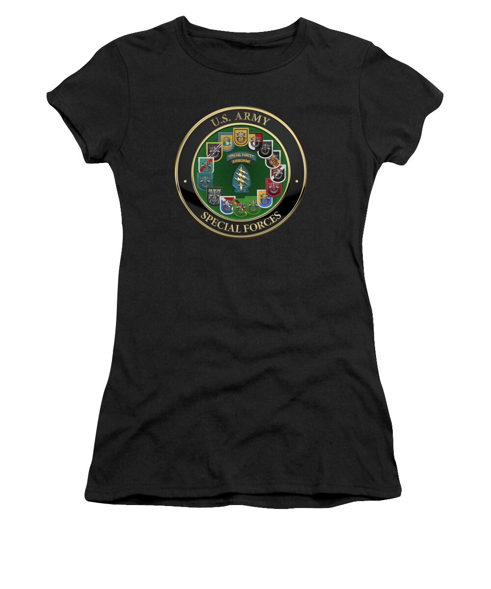 Army Special Forces Collection By Serge Averbukh Women's T-Shirt featuring the digital art Army Special Forces - S F Patch with S F Groups Flashes over Black Velvet by Serge Averbukh