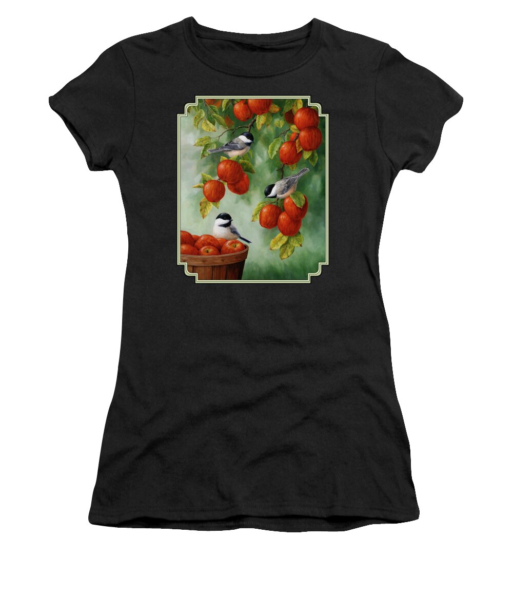 Birds Women's T-Shirt featuring the painting Bird Painting - Apple Harvest Chickadees by Crista Forest