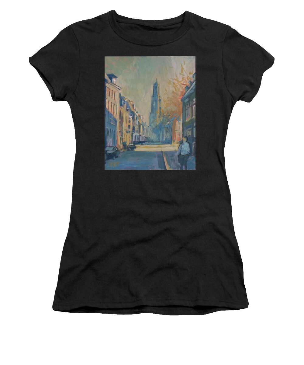 Oil Women's T-Shirt featuring the painting Autumn in the Lange Nieuwstraat Utrecht by Nop Briex