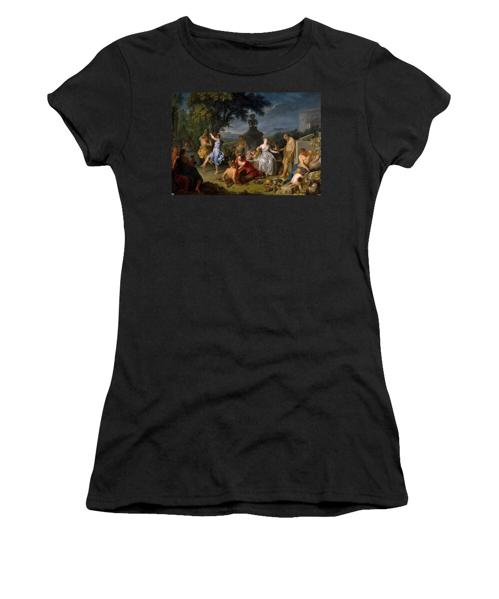 Bacchanal Women's T-Shirt featuring the painting 'Bacchanal', 1719, French School, Oil on canvas, 125 cm x 180 cm, P02267. by Michel-Ange Houasse -1680-1730-