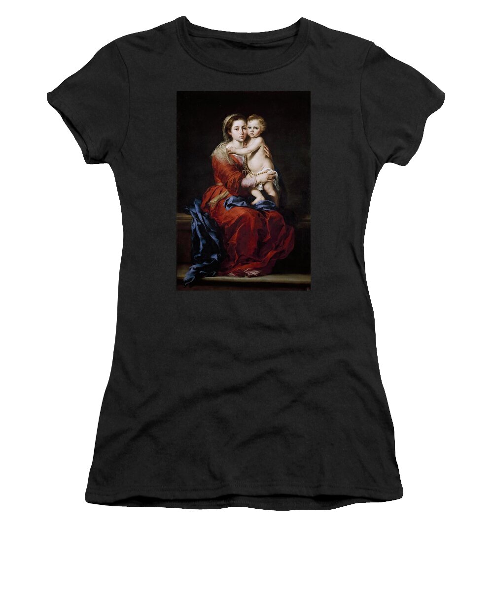 Bartolome Esteban Murillo Women's T-Shirt featuring the painting Bartolome Esteban Murillo / 'Our Lady of the Rosary', 1650-1655, Spanish School, Oil on canvas. by Bartolome Esteban Murillo -1611-1682-