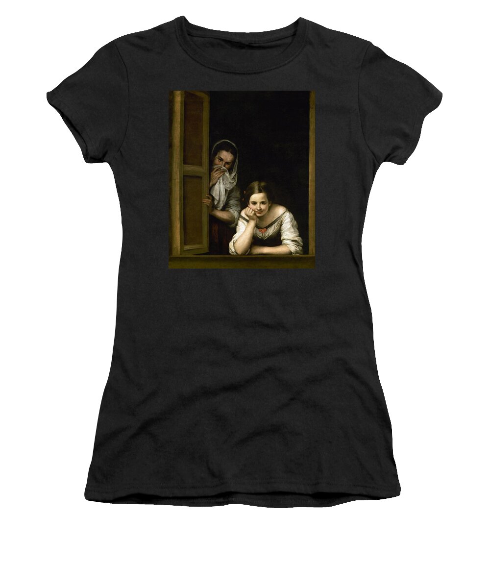 Bartolome Esteban Murillo Women's T-Shirt featuring the painting Bartolome Esteban Murillo Two Women at a Window, c.1655/1660. National Gallery of Art Washington DC. by Bartolome Esteban Murillo