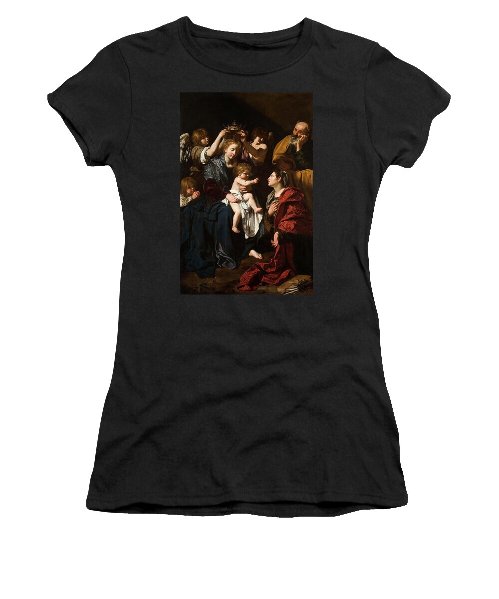 Bartolomeo Cavarozzi Women's T-Shirt featuring the painting Bartolomeo Cavarozzi / 'The Holy Family with Santa Catalina', 1617-1619, Italian School. JESUS. by Bartolomeo Cavarozzi -c 1590-1625-