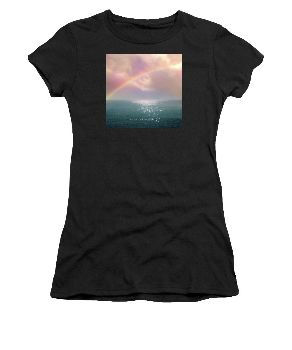 Sea Women's T-Shirt featuring the mixed media Beautiful Morning In Dreamland With Rainbow by Johanna Hurmerinta
