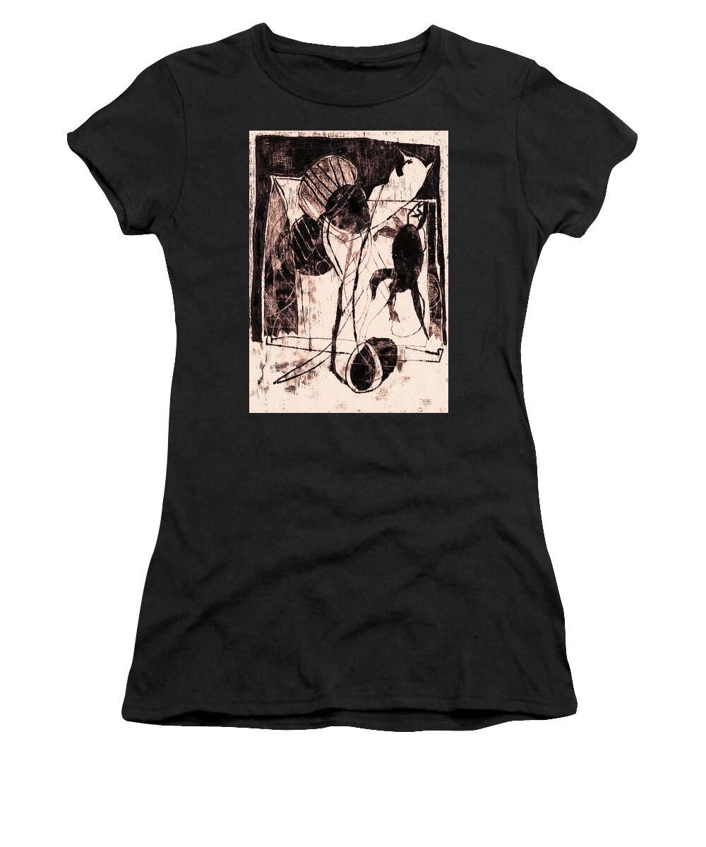 Cats Women's T-Shirt featuring the drawing Black Ivory 1 Original Printmaking Cats by Edgeworth Johnstone