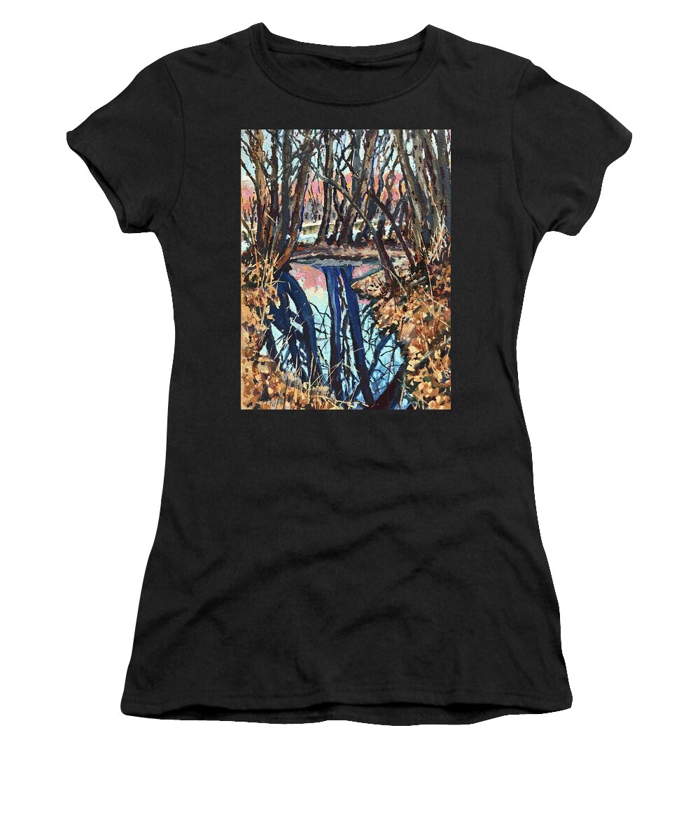 Boise Women's T-Shirt featuring the painting Boise River Reflections study by Les Herman