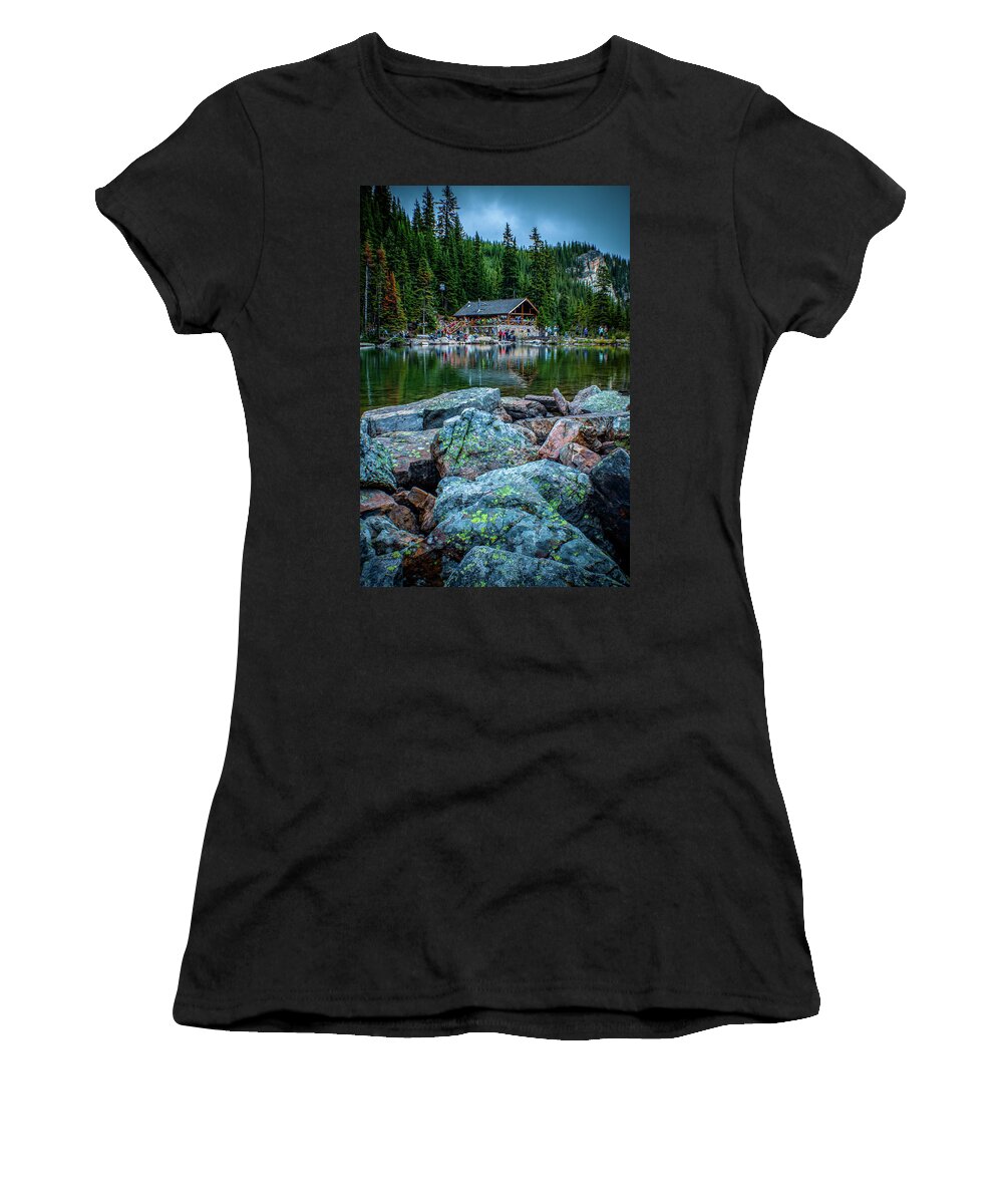 Alberta Women's T-Shirt featuring the photograph Busy lake Agnes Tea House by Thomas Nay