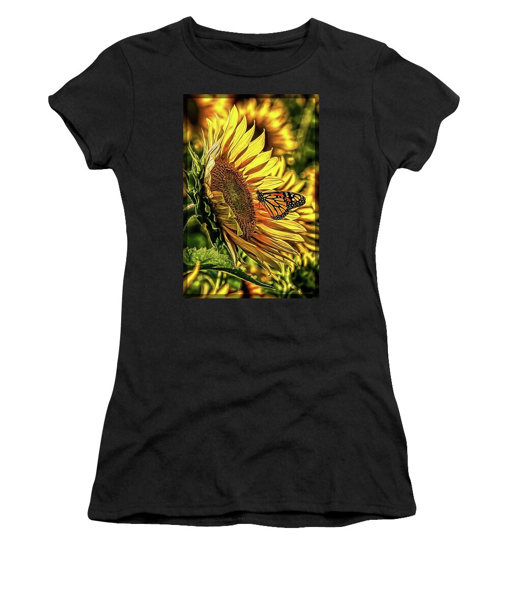 Marias Field Of Hope Women's T-Shirt featuring the digital art Butterfly and Sunflower at Maria's Field of Hope by Mark Madere