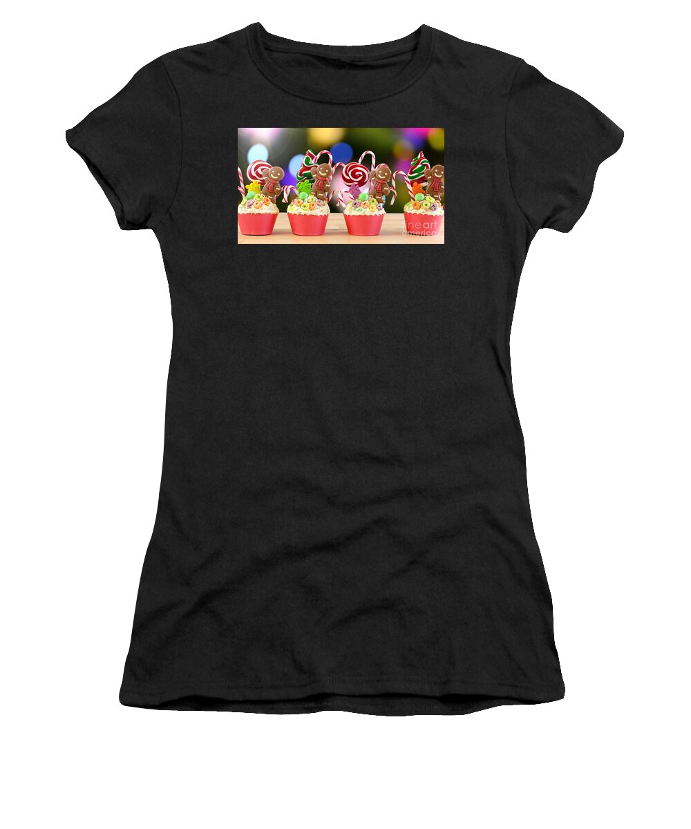 Christmas Women's T-Shirt featuring the photograph Candyland festive Christmas cupcakes. by Milleflore Images