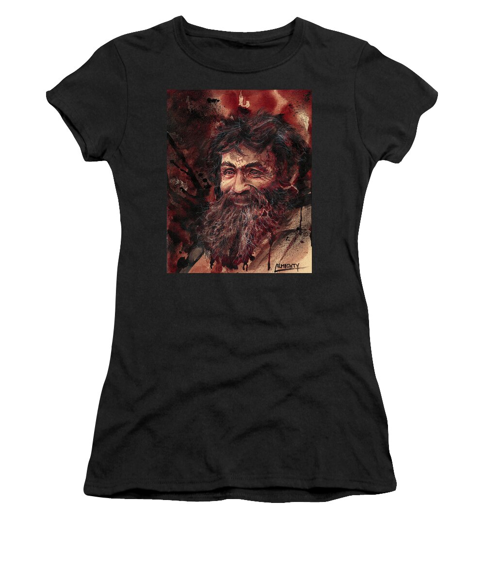Ryan Almighty Women's T-Shirt featuring the painting CHARLES MANSON portrait dry blood #1 by Ryan Almighty