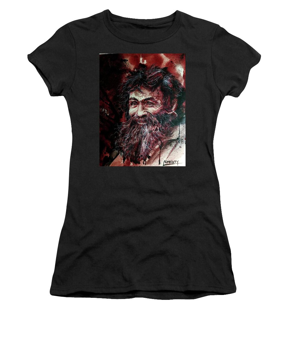Ryan Almighty Women's T-Shirt featuring the painting CHARLES MANSON portrait fresh blood by Ryan Almighty
