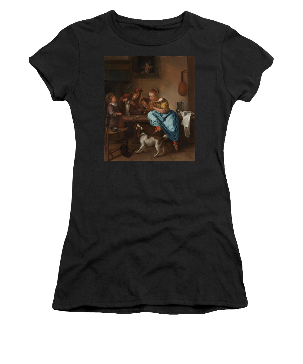 Jan Havicksz. Steen Women's T-Shirt featuring the painting Children Teaching a Cat to Dance, Known as 'The Dancing Lesson'. by Jan Havicksz Steen