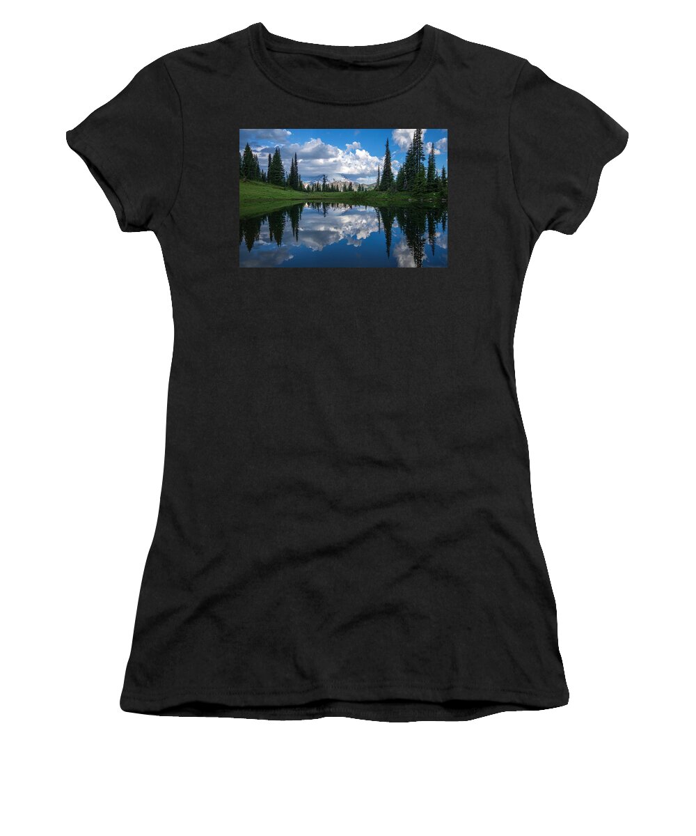 Cloud Reflections At Lake Tipsoo Women's T-Shirt featuring the photograph Cloud reflections at Lake Tipsoo by Lynn Hopwood