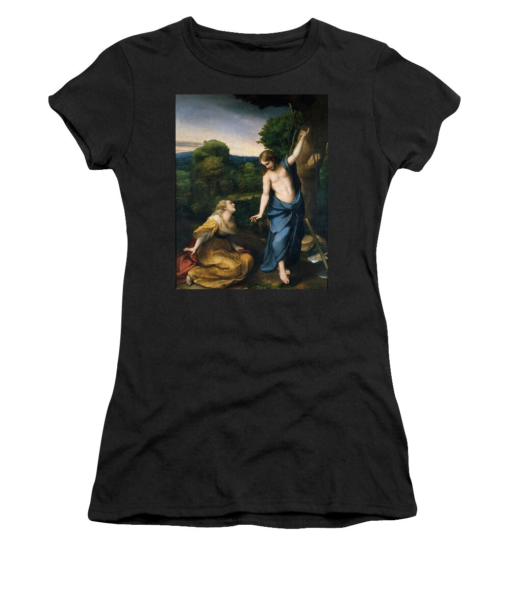 Antonio Da Corregio Women's T-Shirt featuring the painting Correggio / 'Noli me tangere', ca. 1525, Italian School, Oil on panel, 130 cm x 103 cm, P00111. by Correggio -1489-1534-